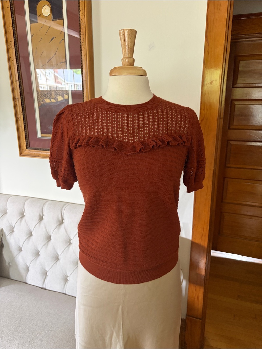 LOFT Rust Short-Sleeve Lightweight Ruffle Sweater